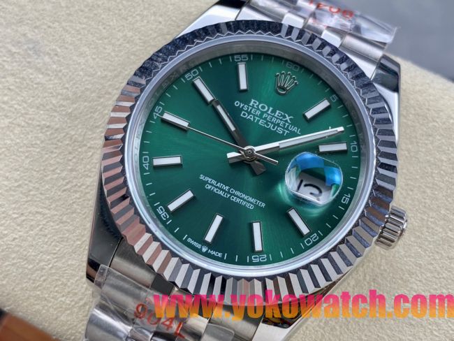 ロレックスコピー デイトジャスト 41mm 126200“エメラルドグリーン文字盤・バトンインデックス＋双頭粒帯仕様” ユニセックスモデル