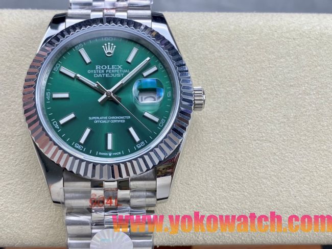 ロレックスコピー デイトジャスト 41mm 126200“エメラルドグリーン文字盤・バトンインデックス＋双頭粒帯仕様” ユニセックスモデル