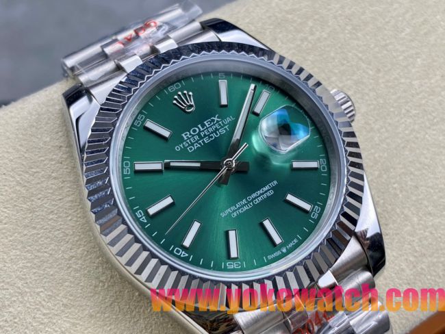 ロレックスコピー デイトジャスト 41mm 126200“エメラルドグリーン文字盤・バトンインデックス＋双頭粒帯仕様” ユニセックスモデル