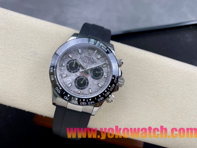 ロレックスコピー デイトナ 40mm “グレー・マーブル文字盤＋ブラックセラミックベゼル＋黒ラバーブレスレット” ユニセックスモデル