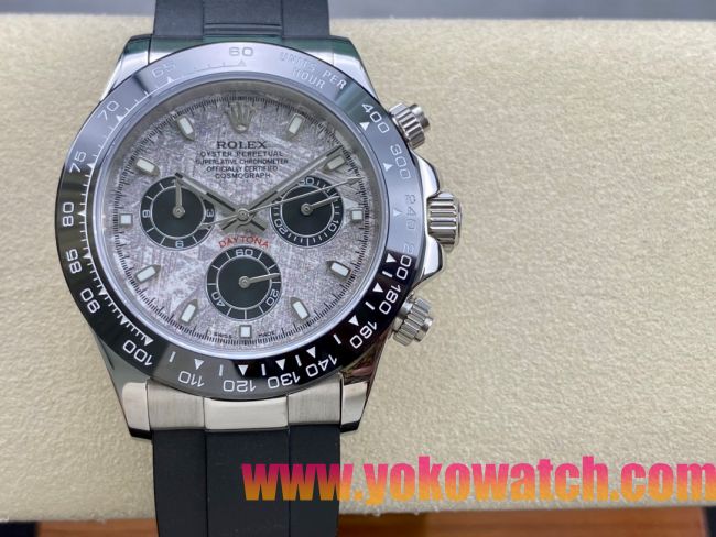 ロレックスコピー デイトナ 40mm “グレー・マーブル文字盤＋ブラックセラミックベゼル＋黒ラバーブレスレット” ユニセックスモデル
