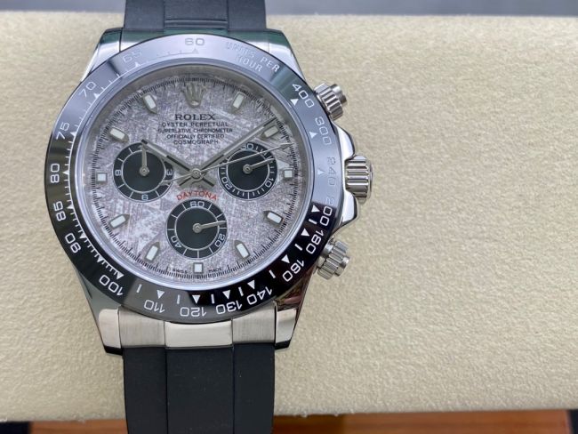 ロレックスコピー デイトナ 40mm “グレー・マーブル文字盤＋ブラックセラミックベゼル＋黒ラバーブレスレット” ユニセックスモデル