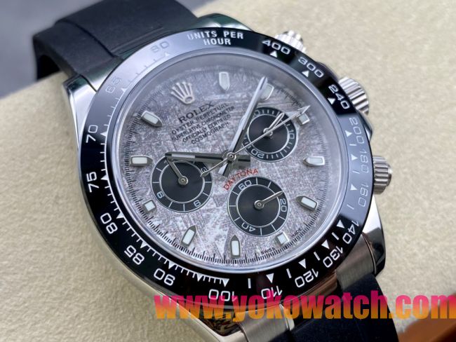 ロレックスコピー デイトナ 40mm “グレー・マーブル文字盤＋ブラックセラミックベゼル＋黒ラバーブレスレット” ユニセックスモデル