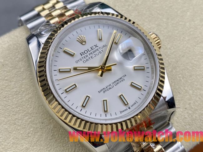 ロレックスコピー デイトジャスト 36mm 278275“ホワイトマザーオブパール文字盤・バトンインデックス＋18Kイエローゴールドベゼル＆コンビブレスレット” レディース／ユニセックスモデル