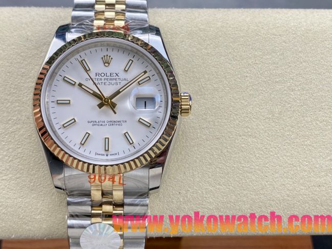 ロレックスコピー デイトジャスト 36mm 278275“ホワイトマザーオブパール文字盤・バトンインデックス＋18Kイエローゴールドベゼル＆コンビブレスレット” レディース／ユニセックスモデル
