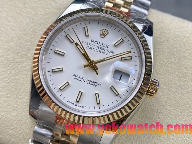 ロレックスコピー デイトジャスト 36mm 278275“ホワイトマザーオブパール文字盤・バトンインデックス＋18Kイエローゴールドベゼル＆コンビブレスレット” レディース／ユニセックスモデル