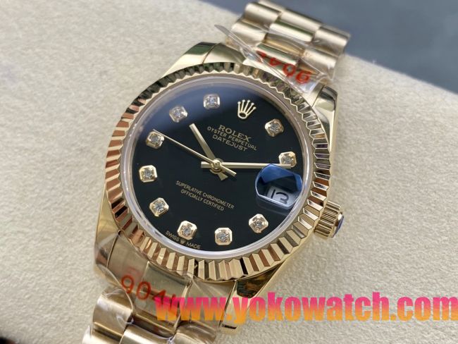 ロレックスコピー デイトジャスト 31mm 279178“ブラックマザーオブパール文字盤・10石ダイヤモンドインデックス＋18Kイエローゴールドケース／ベゼル／コンビブレスレット” レディース専用モデル 