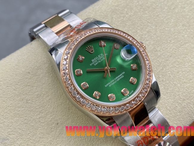 ロレックスコピー デイトジャスト 31mm 279178“グリーンマザーオブパール文字盤・10石ダイヤモンドインデックス＋ダイヤモンドベゼル＋コンビ（904Lステンレス＋18Kイエローゴールド）ケース／ブレスレット” レディース専用モデル 