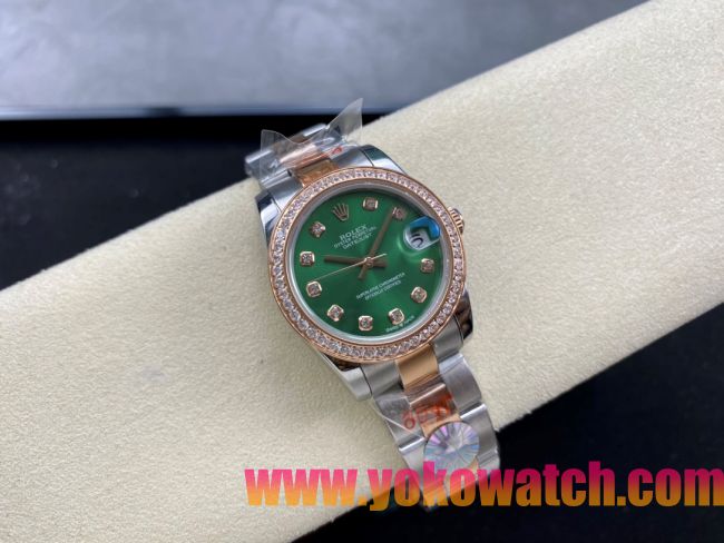ロレックスコピー デイトジャスト 31mm 279178“グリーンマザーオブパール文字盤・10石ダイヤモンドインデックス＋ダイヤモンドベゼル＋コンビ（904Lステンレス＋18Kイエローゴールド）ケース／ブレスレット” レディース専用モデル 