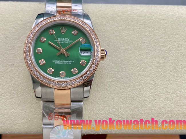 ロレックスコピー デイトジャスト 31mm 279178“グリーンマザーオブパール文字盤・10石ダイヤモンドインデックス＋ダイヤモンドベゼル＋コンビ（904Lステンレス＋18Kイエローゴールド）ケース／ブレスレット” レディース専用モデル 