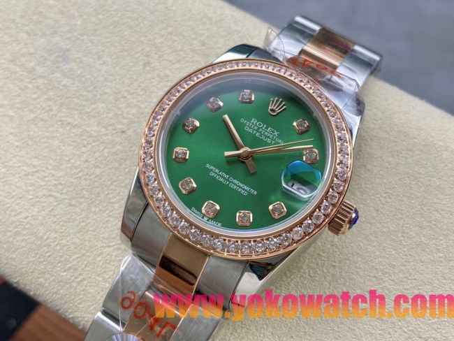 ロレックスコピー デイトジャスト 31mm 279178“グリーンマザーオブパール文字盤・10石ダイヤモンドインデックス＋ダイヤモンドベゼル＋コンビ（904Lステンレス＋18Kイエローゴールド）ケース／ブレスレット” レディース専用モデル 