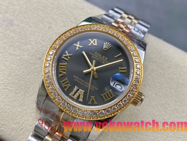 ロレックスコピー デイトジャスト 31mm 279173“グレー文字盤・ローマ数字インデックス＋ダイヤモンドベゼル＋コンビ（904Lステンレス＋18Kイエローゴールド）ケース／ブレスレット” レディース専用モデル