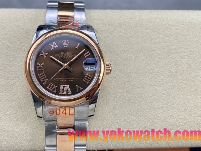 ロレックスコピー デイトジャスト 31mm 279173“ブラウンマザーオブパール文字盤・ローマ数字インデックス＋18Kイエローゴールドベゼル＋コンビ（904Lステンレス＋18KYG）ケース／ブレスレット” レディース専用モデル  