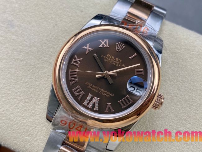 ロレックスコピー デイトジャスト 31mm 279173“ブラウンマザーオブパール文字盤・ローマ数字インデックス＋18Kイエローゴールドベゼル＋コンビ（904Lステンレス＋18KYG）ケース／ブレスレット” レディース専用モデル  