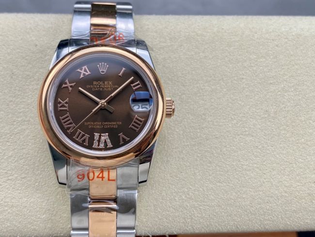 ロレックスコピー デイトジャスト 31mm 279173“ブラウンマザーオブパール文字盤・ローマ数字インデックス＋18Kイエローゴールドベゼル＋コンビ（904Lステンレス＋18KYG）ケース／ブレスレット” レディース専用モデル  