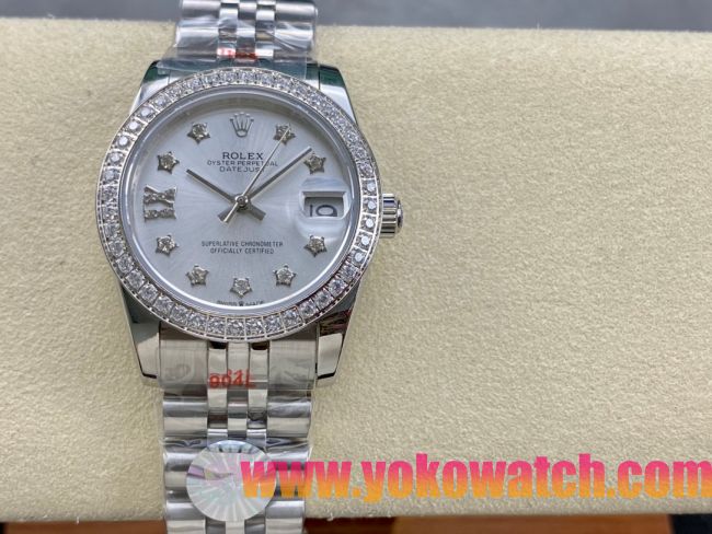 ロレックスコピー デイトジャスト 31mm 279176“ホワイトマザーオブパール文字盤・スターダイヤモンドインデックス＋ダイヤモンドベゼル＋全904Lステンレスケース／ブレスレット” レディース専用モデル 