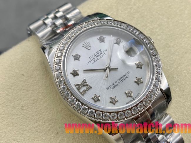 ロレックスコピー デイトジャスト 31mm 279176“ホワイトマザーオブパール文字盤・スターダイヤモンドインデックス＋ダイヤモンドベゼル＋全904Lステンレスケース／ブレスレット” レディース専用モデル 