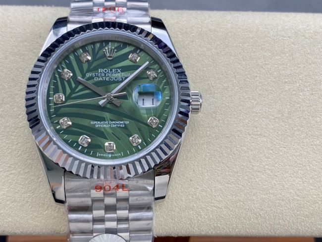 ロレックスコピー デイトジャスト 41mm 126234“グリーン・パームリーフ文字盤・ダイヤモンドインデックス＋三角坑紋ベゼル（リングコマンド機能搭載）＋双頭粒ブレスレット” メンズ専用モデル