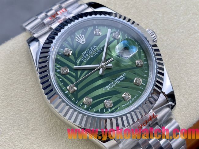 ロレックスコピー デイトジャスト 41mm 126234“グリーン・パームリーフ文字盤・ダイヤモンドインデックス＋三角坑紋ベゼル（リングコマンド機能搭載）＋双頭粒ブレスレット” メンズ専用モデル