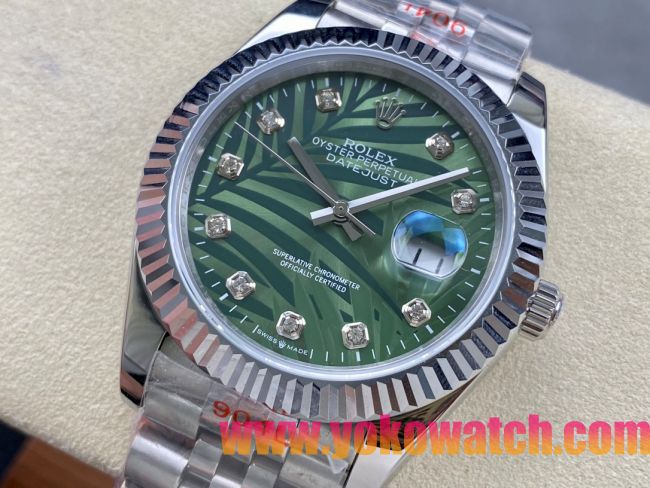 ロレックスコピー デイトジャスト 41mm 126234“グリーン・パームリーフ文字盤・ダイヤモンドインデックス＋三角坑紋ベゼル（リングコマンド機能搭載）＋双頭粒ブレスレット” メンズ専用モデル