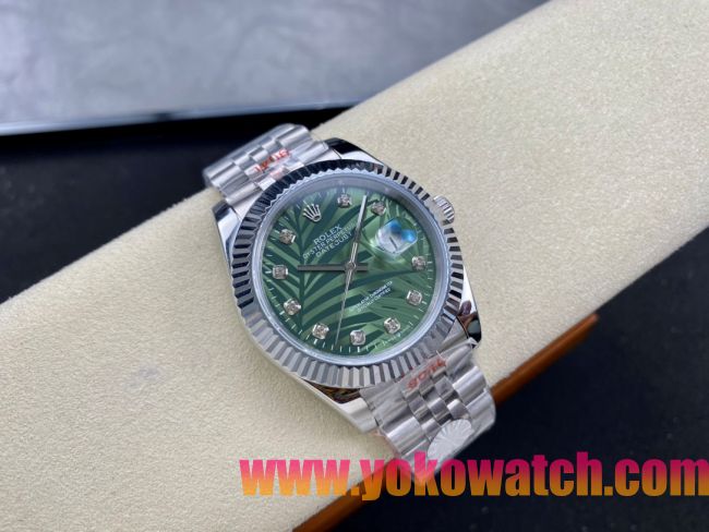 ロレックスコピー デイトジャスト 41mm 126234“グリーン・パームリーフ文字盤・ダイヤモンドインデックス＋三角坑紋ベゼル（リングコマンド機能搭載）＋双頭粒ブレスレット” メンズ専用モデル