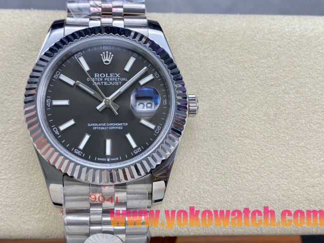 ロレックスコピー デイトジャスト 41mm 126234“ブラック文字盤・バトンインデックス＋三角坑紋ベゼル（リングコマンド機能搭載）＋双頭粒ブレスレット” メンズ専用モデル 