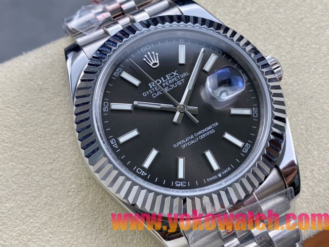 ロレックスコピー デイトジャスト 41mm 126234“ブラック文字盤・バトンインデックス＋三角坑紋ベゼル（リングコマンド機能搭載）＋双頭粒ブレスレット” メンズ専用モデル 