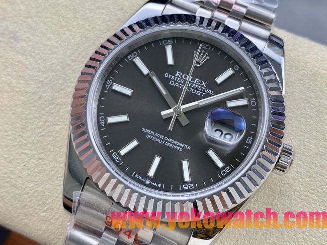 ロレックスコピー デイトジャスト 41mm 126234“ブラック文字盤・バトンインデックス＋三角坑紋ベゼル（リングコマンド機能搭載）＋双頭粒ブレスレット” メンズ専用モデル 