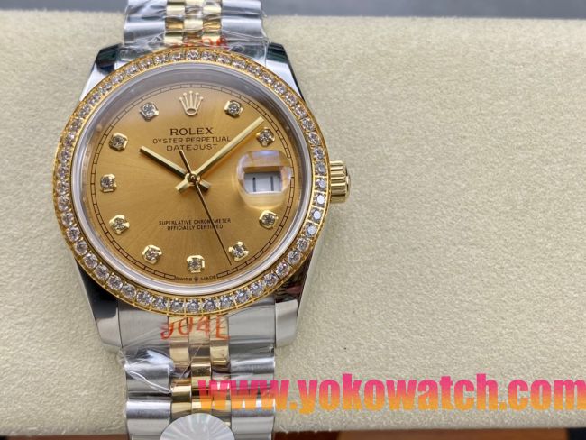 ロレックスコピー デイトジャスト 36mm 278274“ゴールド文字盤・ダイヤモンドインデックス＋ダイヤモンドベゼル（リングコマンド機能搭載）＋ツートーンブレスレット” レディース専用モデル  