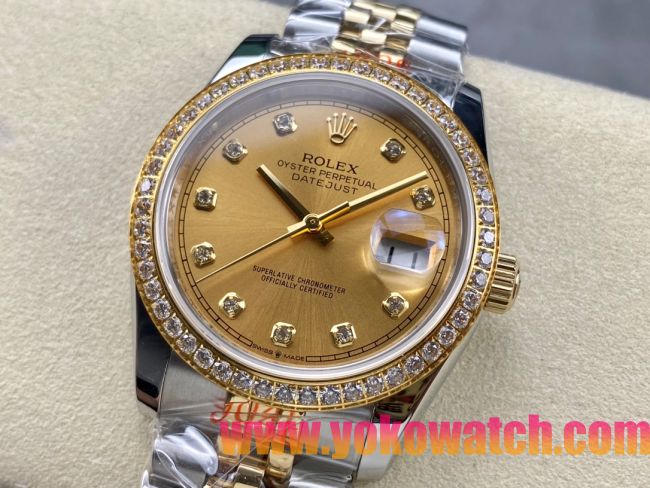 ロレックスコピー デイトジャスト 36mm 278274“ゴールド文字盤・ダイヤモンドインデックス＋ダイヤモンドベゼル（リングコマンド機能搭載）＋ツートーンブレスレット” レディース専用モデル  