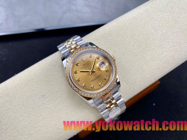 ロレックスコピー デイトジャスト 36mm 278274“ゴールド文字盤・ダイヤモンドインデックス＋ダイヤモンドベゼル（リングコマンド機能搭載）＋ツートーンブレスレット” レディース専用モデル  