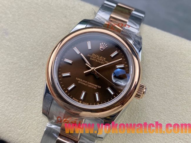 ロレックスコピー デイトジャスト 31mm 279160“チョコレート文字盤・バトンインデックス＋リングコマンド機能搭載ダイヤモンドベゼル（三角坑紋／光圈）＋ツートーンブレスレット” レディース専用モデル  