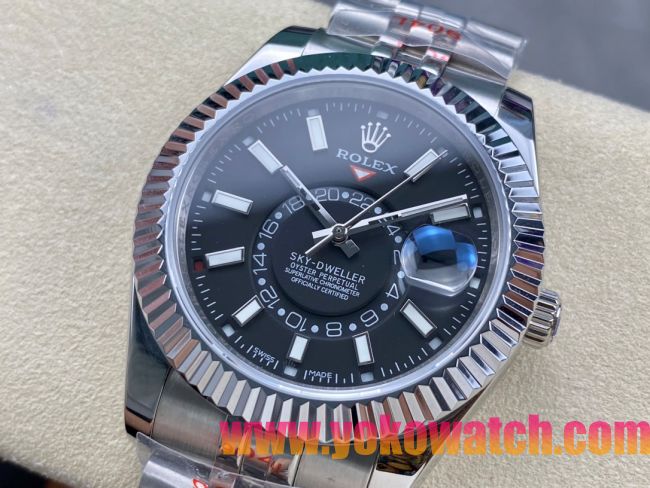 ロレックスコピー スカイウォーカー（Sky-Dweller）42mm 326935“ブラック文字盤・24時間表示機能搭載リングコマンドベゼル＋ブレスレット” メンズ専用モデル