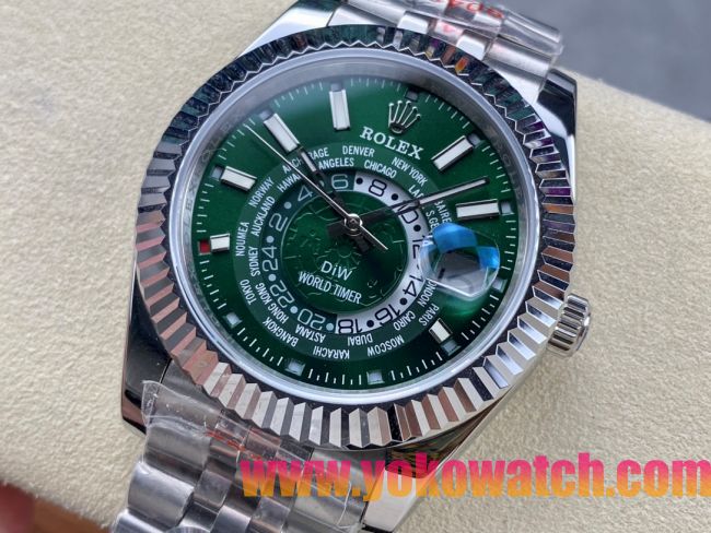 ロレックスコピー スカイウォーカー（Sky-Dweller）42mm 326935“グリーン文字盤・世界時計機能搭載リングコマンドベゼル＋ブレスレット” メンズ専用モデル