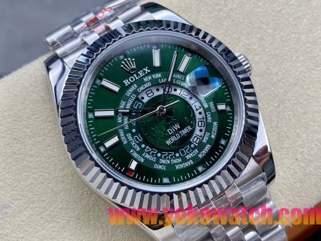 ロレックスコピー スカイウォーカー（Sky-Dweller）42mm 326935“グリーン文字盤・世界時計機能搭載リングコマンドベゼル＋ブレスレット” メンズ専用モデル