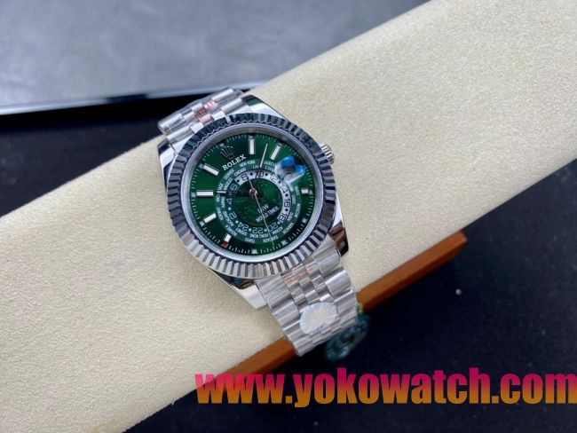 ロレックスコピー スカイウォーカー（Sky-Dweller）42mm 326935“グリーン文字盤・世界時計機能搭載リングコマンドベゼル＋ブレスレット” メンズ専用モデル