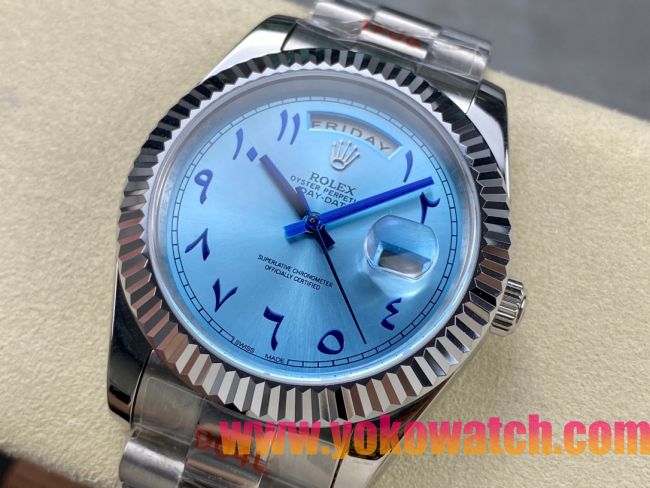 ロレックスコピー デイデイト（Day-Date）40mm 228206“ミッドナイトブルー文字盤・アラビア数字インデックス＋リングコマンド機能搭載三角坑紋ベゼル（光圈）＋ブレスレット” メンズ専用モデル