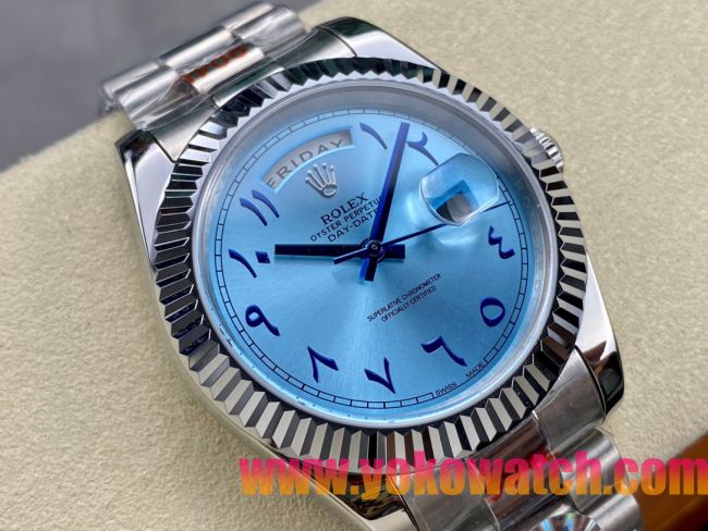 ロレックスコピー デイデイト（Day-Date）40mm 228206“ミッドナイトブルー文字盤・アラビア数字インデックス＋リングコマンド機能搭載三角坑紋ベゼル（光圈）＋ブレスレット” メンズ専用モデル