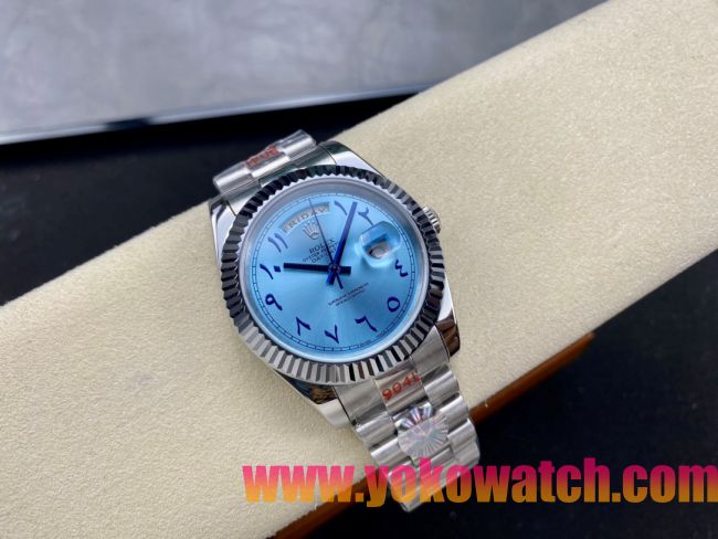 ロレックスコピー デイデイト（Day-Date）40mm 228206“ミッドナイトブルー文字盤・アラビア数字インデックス＋リングコマンド機能搭載三角坑紋ベゼル（光圈）＋ブレスレット” メンズ専用モデル