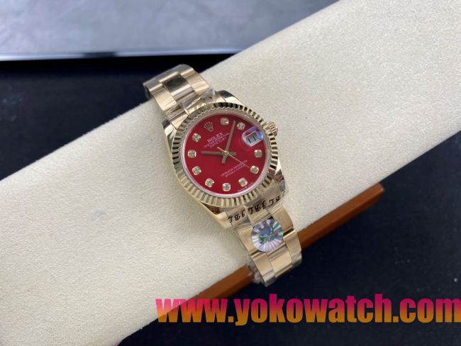 ロレックスコピー デイトジャスト（Datejust）31mm 279384“レッドシェル文字盤・ダイヤモンドインデックス＋リングコマンド機能搭載三角坑紋ベゼル（光圈/钻圈）＋ブレスレット” レディース専用モデル