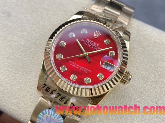 ロレックスコピー デイトジャスト（Datejust）31mm 279384“レッドシェル文字盤・ダイヤモンドインデックス＋リングコマンド機能搭載三角坑紋ベゼル（光圈/钻圈）＋ブレスレット” レディース専用モデル