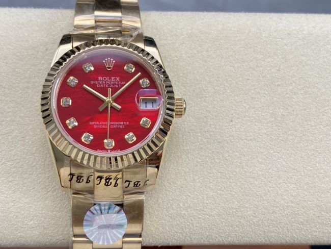 ロレックスコピー デイトジャスト（Datejust）31mm 279384“レッドシェル文字盤・ダイヤモンドインデックス＋リングコマンド機能搭載三角坑紋ベゼル（光圈/钻圈）＋ブレスレット” レディース専用モデル
