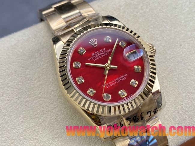 ロレックスコピー デイトジャスト（Datejust）31mm 279384“レッドシェル文字盤・ダイヤモンドインデックス＋リングコマンド機能搭載三角坑紋ベゼル（光圈/钻圈）＋ブレスレット” レディース専用モデル