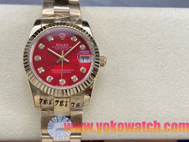 ロレックスコピー デイトジャスト（Datejust）31mm 279384“レッドシェル文字盤・ダイヤモンドインデックス＋リングコマンド機能搭載三角坑紋ベゼル（光圈/钻圈）＋ブレスレット” レディース専用モデル