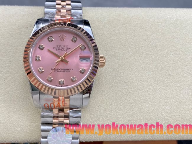 ロレックスコピー デイトジャスト（Datejust）31mm 279384“ピンクシェル文字盤・ダイヤモンドインデックス＋リングコマンド機能搭載三角坑紋ベゼル（光圈/钻圈）＋ブレスレット” レディース専用モデル