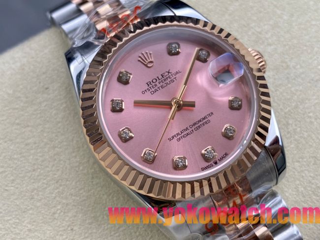 ロレックスコピー デイトジャスト（Datejust）31mm 279384“ピンクシェル文字盤・ダイヤモンドインデックス＋リングコマンド機能搭載三角坑紋ベゼル（光圈/钻圈）＋ブレスレット” レディース専用モデル