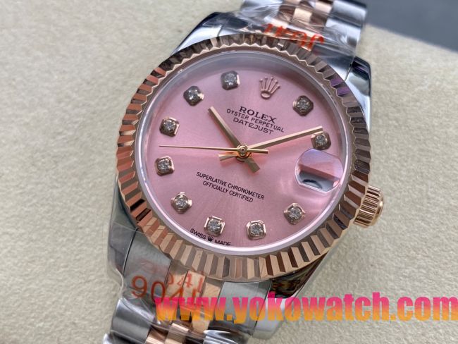 ロレックスコピー デイトジャスト（Datejust）31mm 279384“ピンクシェル文字盤・ダイヤモンドインデックス＋リングコマンド機能搭載三角坑紋ベゼル（光圈/钻圈）＋ブレスレット” レディース専用モデル