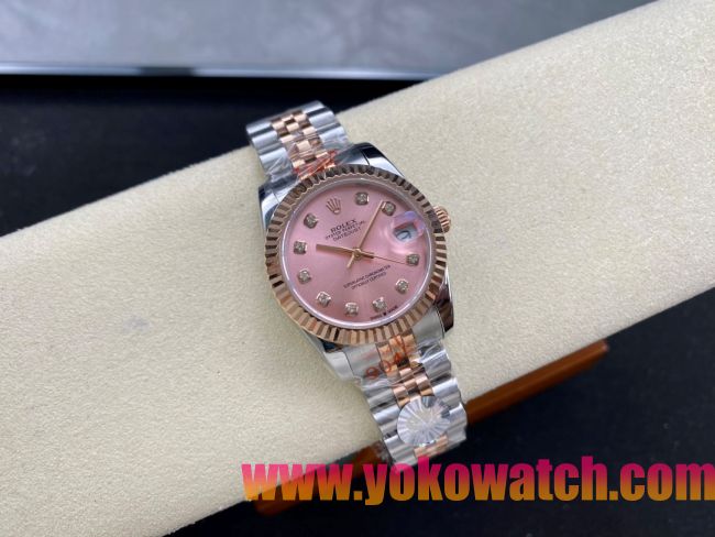 ロレックスコピー デイトジャスト（Datejust）31mm 279384“ピンクシェル文字盤・ダイヤモンドインデックス＋リングコマンド機能搭載三角坑紋ベゼル（光圈/钻圈）＋ブレスレット” レディース専用モデル