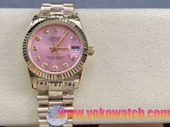 ロレックスコピー デイトジャスト（Datejust）31mm 279384“ピンクシェル文字盤・ダイヤモンドインデックス＋リングコマンド機能搭載三角坑紋ベゼル（光圈/钻圈）＋ブレスレット” レディース専用モデル