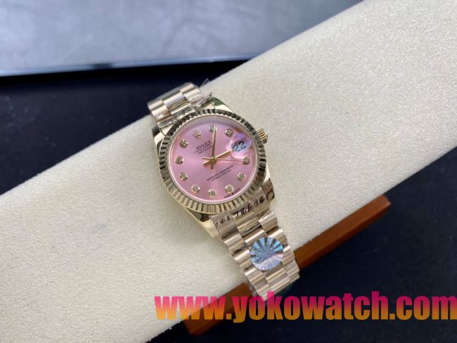 ロレックスコピー デイトジャスト（Datejust）31mm 279384“ピンクシェル文字盤・ダイヤモンドインデックス＋リングコマンド機能搭載三角坑紋ベゼル（光圈/钻圈）＋ブレスレット” レディース専用モデル